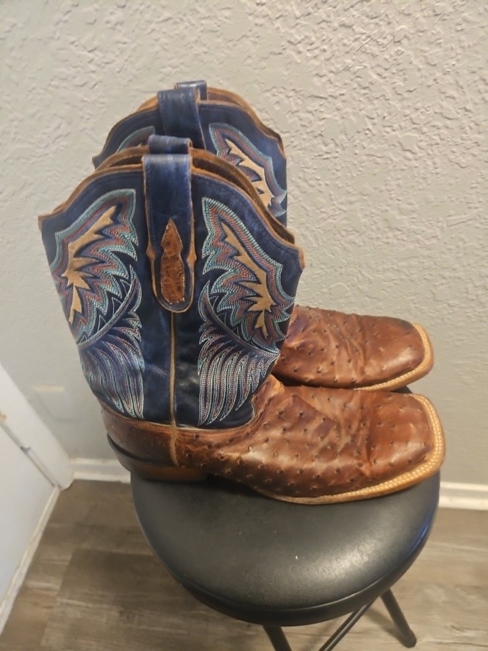 Tony Lama Brown Ostrich Leather with Blue Embroidered Shaft Cowboy Boots - Picture 2 of 9